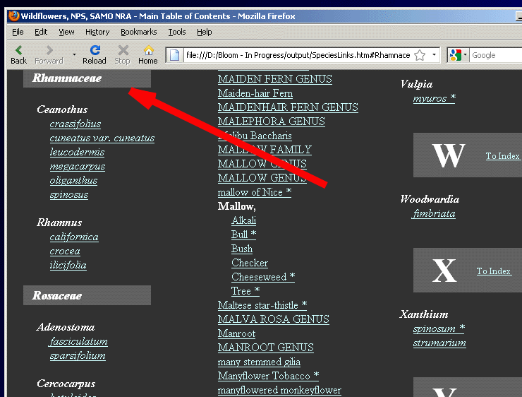 A picture showing the entry for 'Rhamnaceae' at the top left corner of the user's web browser